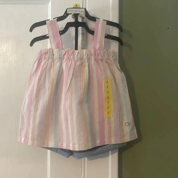 Calvin Klein pink 3 piece shirt set Jean Shorts Striped shirt #1 - Picture 6 of 7